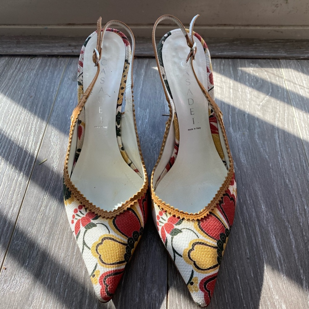 CASADEI Floral Print Leather Designer Slingback Kitten heels, 7.5